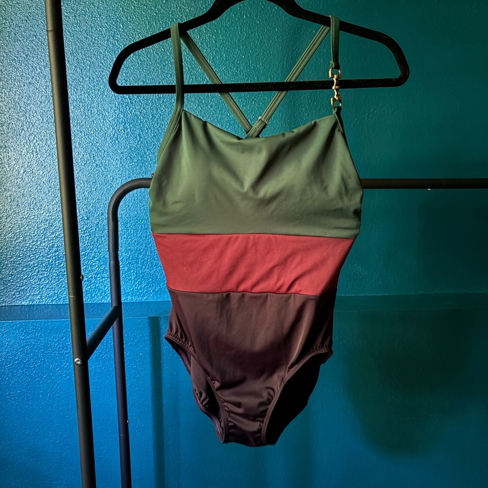 Lands' End Green, Red, and Black One-Piece Swimsuit